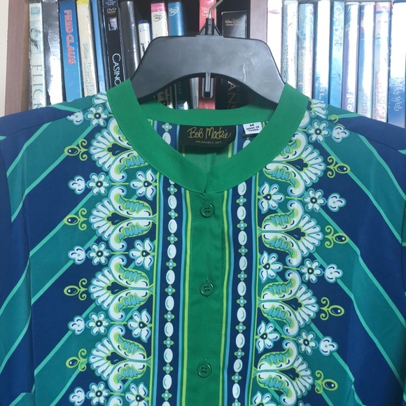Bob Mackie Wearable Art Green & Blue Print Blouse Sz M - Picture 5 of 9